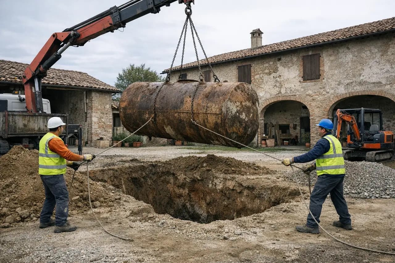 Autogru solleva un vecchio serbatoio interrato arrugginito dallo scavo nel cortile di un casale, due operai lo guidano con le funi
